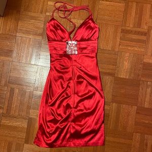 Red jeweled halter dress